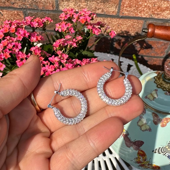 Baby Amalfi Pave Crystal Silver Hoops Earrings - Picture 10 of 12